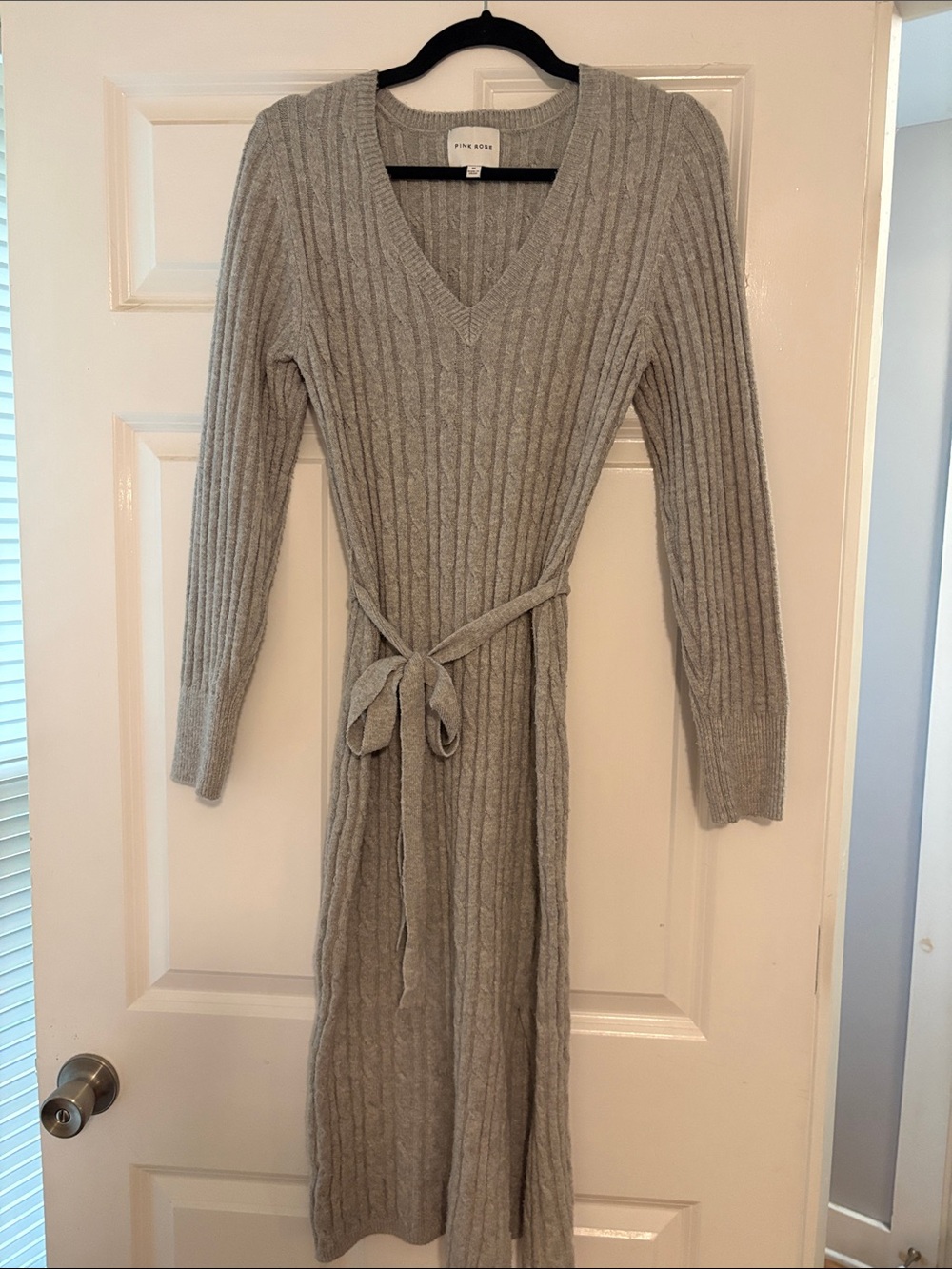 Pink Rose Light Gray Cable Knit V-Neck Belted Maxi Dress